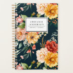 Aquarelle Fleurs d'automne et Motif de verdure<br><div class="desc">Plannière florale personnalisable avec bouquet floral de pivoines roses, jaunes et rouges, roses et marguerites aux accents verts. Personnalisez en ajoutant des noms et d'autres détails. Ce planificateur botanique sera parfait comme cadeau personnalisé pour Noël, anniversaires et diplômes.</div>