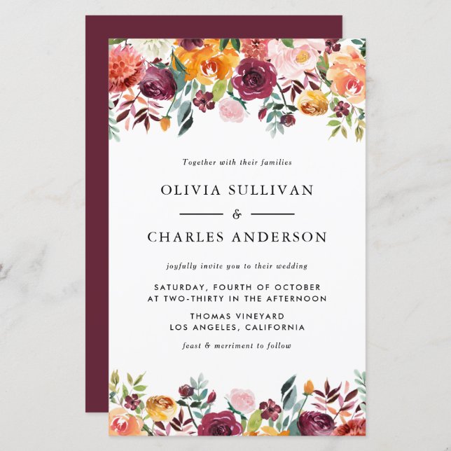 Aquarelle Fleurs d'automne Invitation Mariage de a (Devant / Derrière)