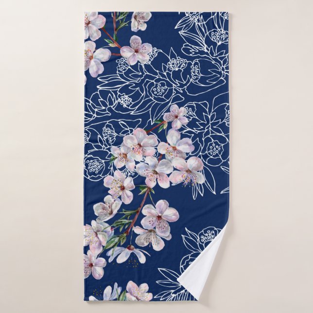 Aquarelle fleurs de branche cerise avec branche gr (Serviette de bain)