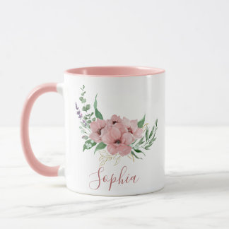 Aquarelle Fleurs roses Nom Mug