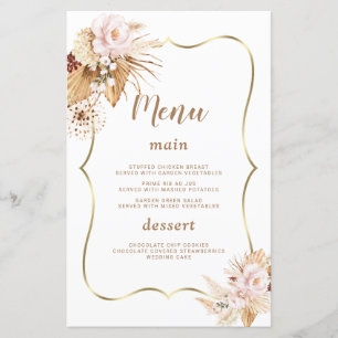 Aquarelle Fleurs Rouges Pampas Grass Menu Mariage
