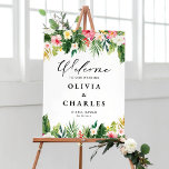 Aquarelle Fleurs tropicales Affiche de bienvenue M<br><div class="desc">Aquarelle Fleurs tropicales Affiche de bienvenue Mariage. Panneau d'accueil fleuri et personnalisable avec des illustrations aquarelles de plumeria,  hibiscus,  orchidées,  oiseaux de paradis,  feuilles de palmiers,  feuilles de bananes et philodendron à feuilles cassées. Ce panneau d'accueil botanique est parfait pour les mariages tropicaux et d'été.</div>
