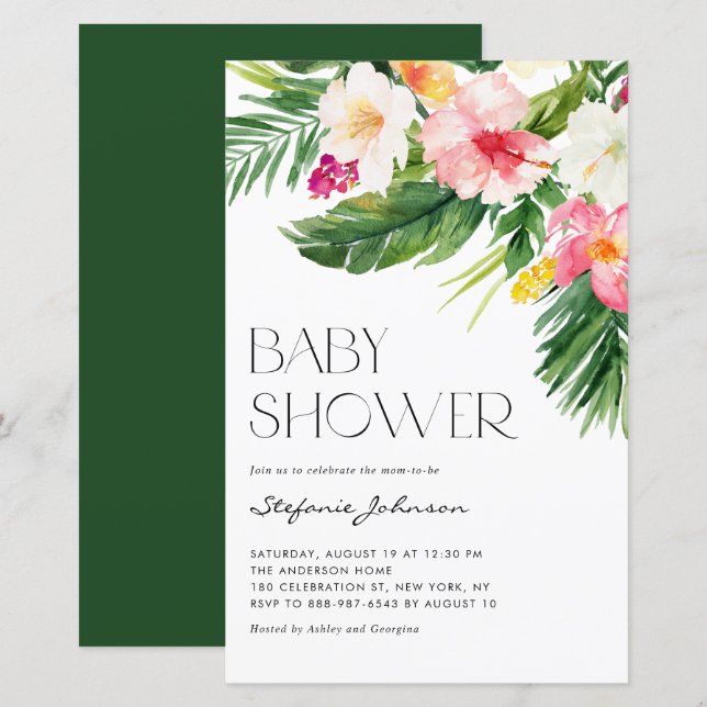 Aquarelle Fleurs tropicales Invitation Baby shower (Devant / Derrière)