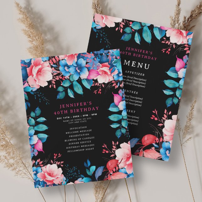 Aquarelle Floral 40th Birthday Programme Menu Noir (Watercolor Floral 40th Birthday Program Menu Black)