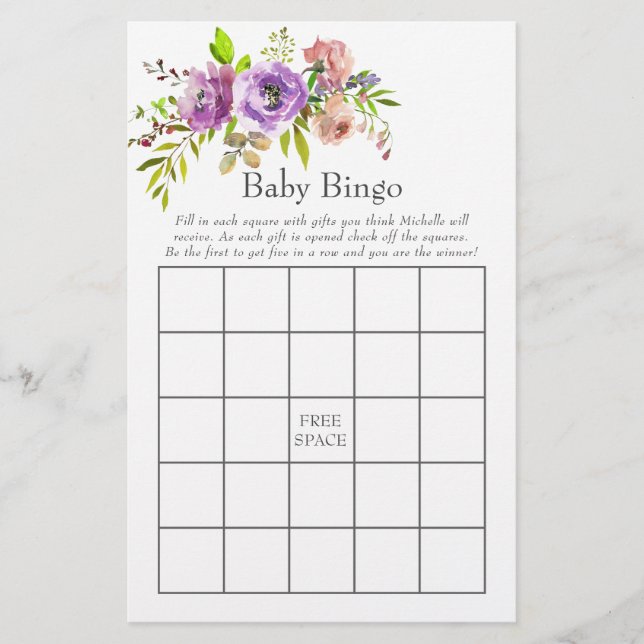 Aquarelle Floral Baby shower de printemps Bingo (Devant)