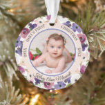 Aquarelle Floral Baby's First Christmas Photo<br><div class="desc">Une belle aquarelle rose vif, bordeaux et sombres lavande à couronne fleurie violette entoure la photo de votre précieux bébé au centre encadrée par un anneau intérieur lavande foncée et un anneau circulaire externe rose vif et le texte "Baby's First Christmas". Il suffit d'ajouter le nom de votre bébé en...</div>