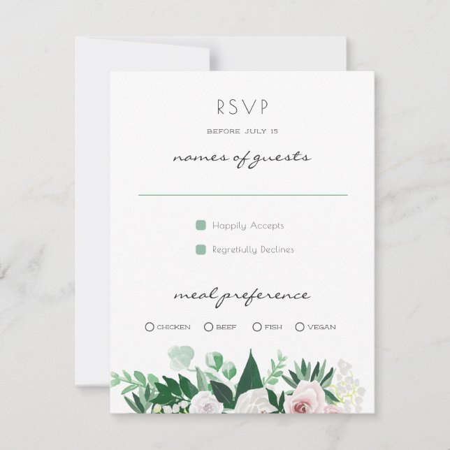 Aquarelle Floral Blanc Vert Mariage RSVP (Devant)