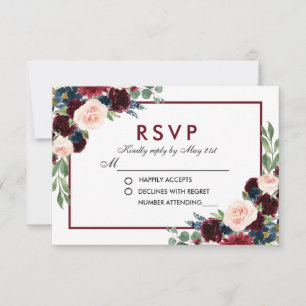 Aquarelle Floral Bleu Bourgogne Mariage RSVP