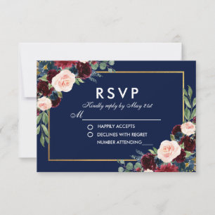 Aquarelle Floral Bleu Bourgogne Mariage RSVP