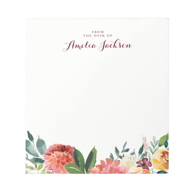 Aquarelle Floral Bloc-notes personnalisé Papier-no (Devant)