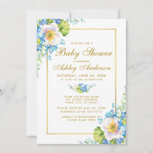 Aquarelle Floral Blue Gold Baby shower Invitation