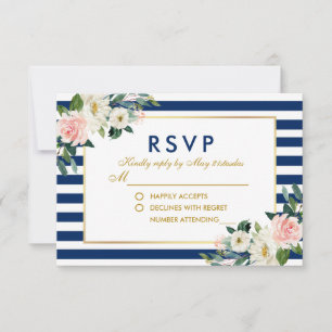 Aquarelle Floral Blue Stripes Mariage RSVP