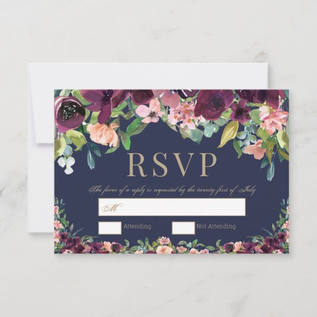 Aquarelle Floral Boho Marine Mariage RSVP (Devant)