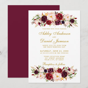 Aquarelle Floral Bourgogne Gold Wedding Invitation