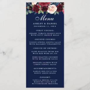 Aquarelle Floral Bourgogne Mariage Menu Bleu