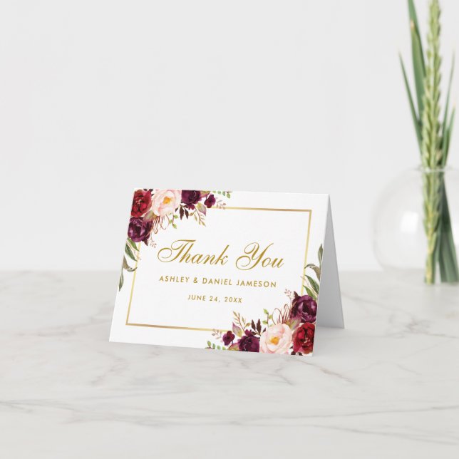 Aquarelle Floral Bourgogne Mariage Merci Note (Devant)