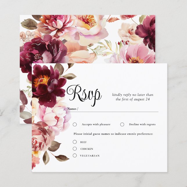 Aquarelle Floral Bourgogne Mariage RSVP Cartes (Devant / Derrière)