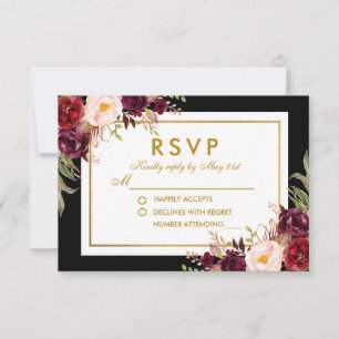 Aquarelle Floral Bourgogne Noir Mariage Or RSVP