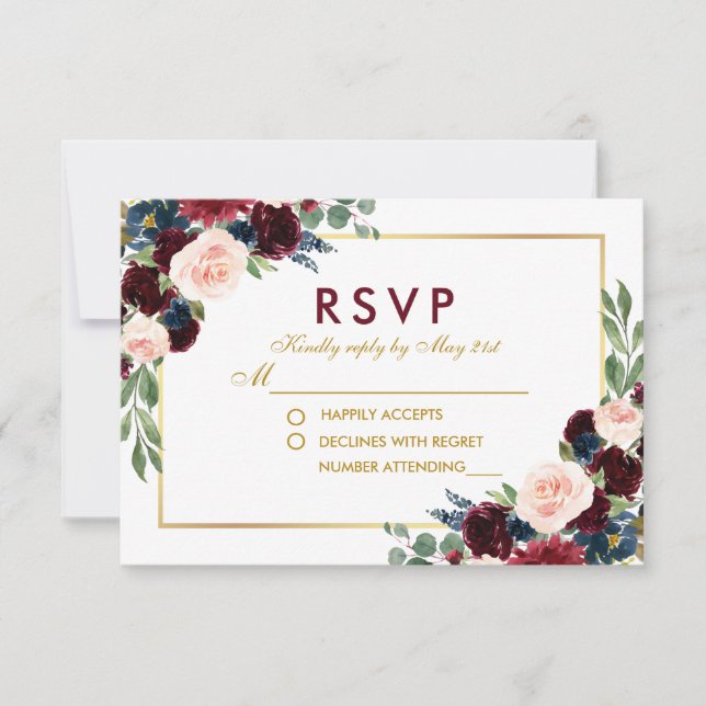 Aquarelle Floral Bourgogne Or Bleu Mariage RSVP (Devant)