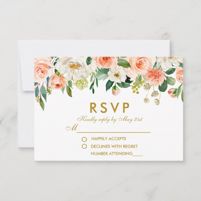 Aquarelle Floral Coral Or Mariage RSVP (Devant)