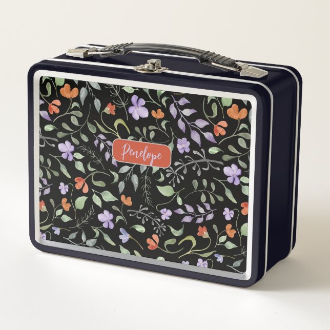 Aquarelle Floral Design sur Lunchbox en métal noir (Devant)