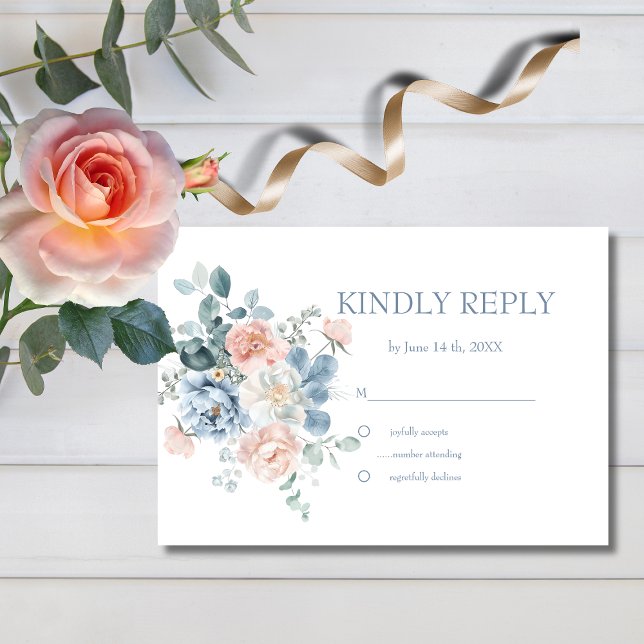 Aquarelle Floral Dusty Bleu et Rose Mariage RSVP (Créateur téléchargé)