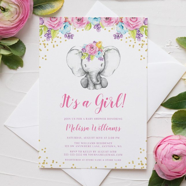 Aquarelle Floral Elephant Baby Shower Invitations (Créateur téléchargé)