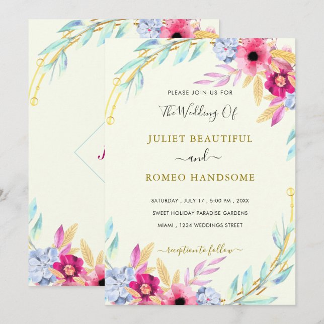 Aquarelle Floral Faire-part de mariage or Modèle (Devant / Derrière)