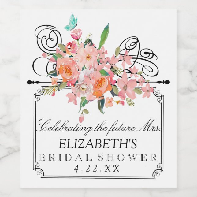 Aquarelle Floral Fête des mariées Vin Étiquette bo (Étiquettes simples)