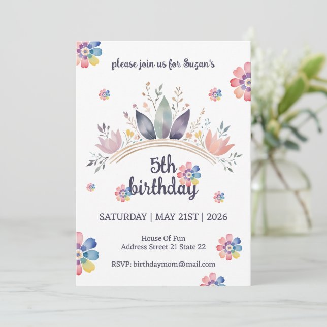 Aquarelle Floral Invitation de fête d'anniversaire (Debout devant)