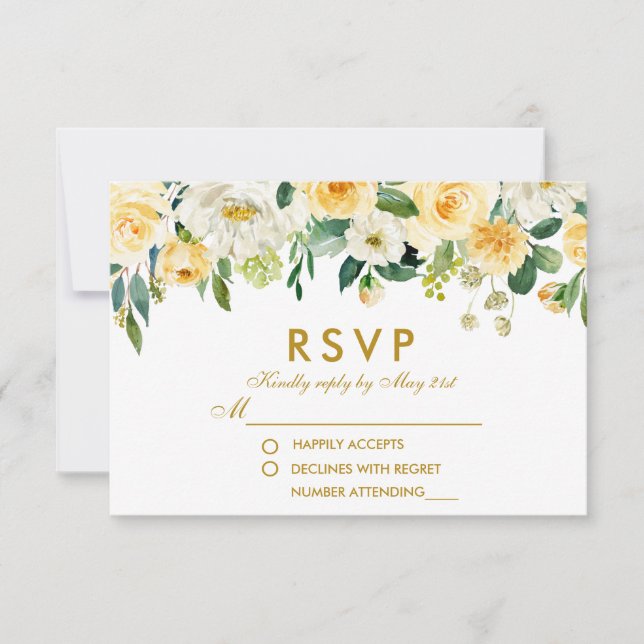 Aquarelle Floral Jaune Or Blanc Mariage RSVP (Devant)