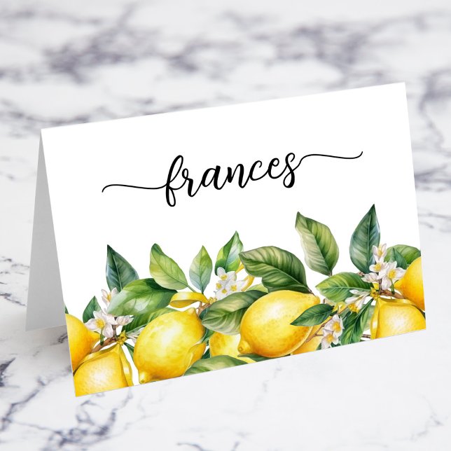 Aquarelle Floral Lemons Nom du script Cartes de pl (Watercolor Blooming Floral Lemons Script Name Place Cards)