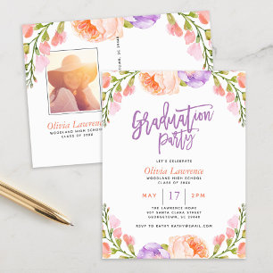 Aquarelle Floral Photo Graduation Party Invitation