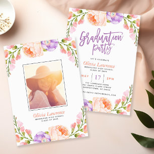 Aquarelle Floral Photo Graduation Party Invitation