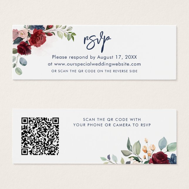 Aquarelle Floral QR Code Script Mariage Carte RSVP (Devant & derrière)