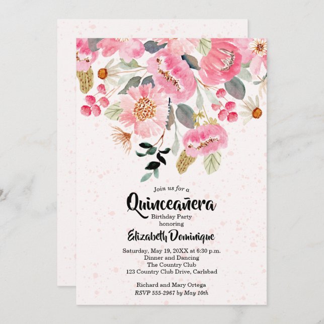 Aquarelle Floral Quinceañera Invitations d'anniver (Devant / Derrière)