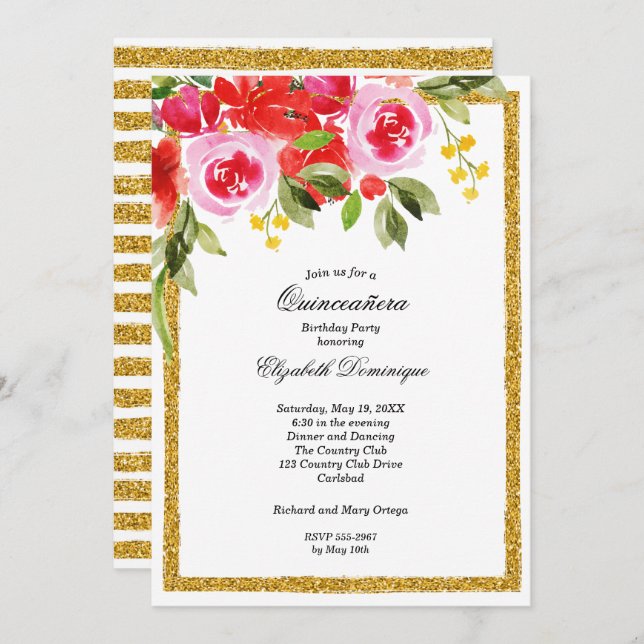 Aquarelle Floral Quinceañera Invitations d'anniver (Devant / Derrière)