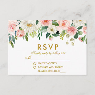 Aquarelle Floral Rose Blanc Or Mariage RSVP