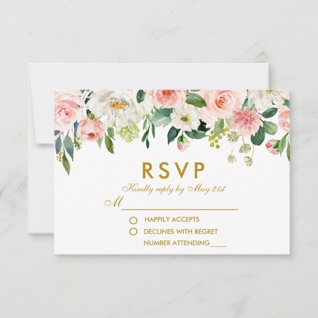 Aquarelle Floral Rose Blanc Or Mariage RSVP (Devant)