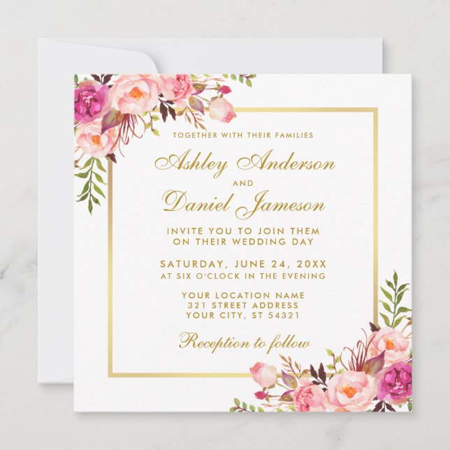 Aquarelle Floral Rose Blush Gold Carte S Mariage (Devant)