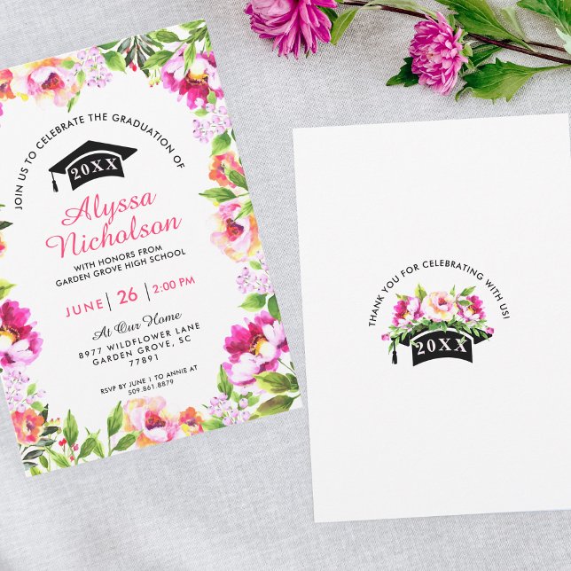 Aquarelle Floral Rose Grad Party Invitation (Créateur téléchargé)