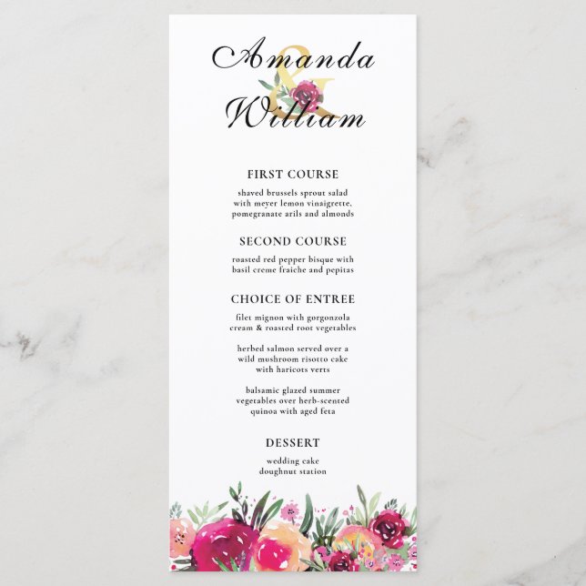 Aquarelle Floral rose Mariage Menu (Devant)