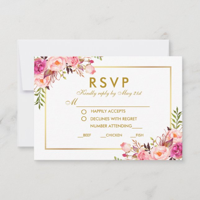 Aquarelle Floral Rose or RSVP Mariage Repas (Devant)