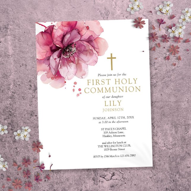 Aquarelle Floral Rose Premier Invitation de commun (Watercolor Floral Pink First Holy Communion Invite)