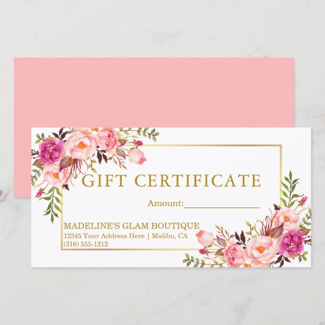 Aquarelle Floral Rose Roses Gold Certificat cadeau (Devant / Derrière)