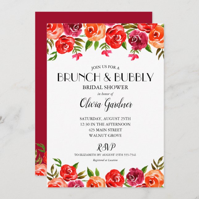 Aquarelle Floral Rouge Orange Brunch Invitations m (Devant / Derrière)