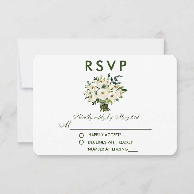 Aquarelle Floral Vert Bouquet Blanc Mariage RSVP (Devant)