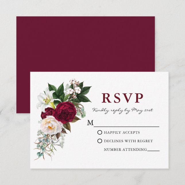 Aquarelle Floral Vert Foncé Burgundy RSVP (Devant / Derrière)