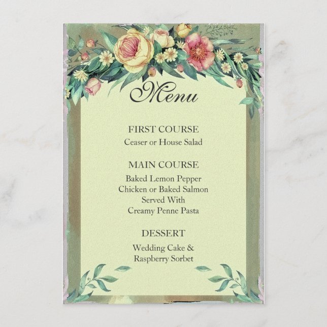 Aquarelle Floral Vert & Mariage rose Menu (Devant)