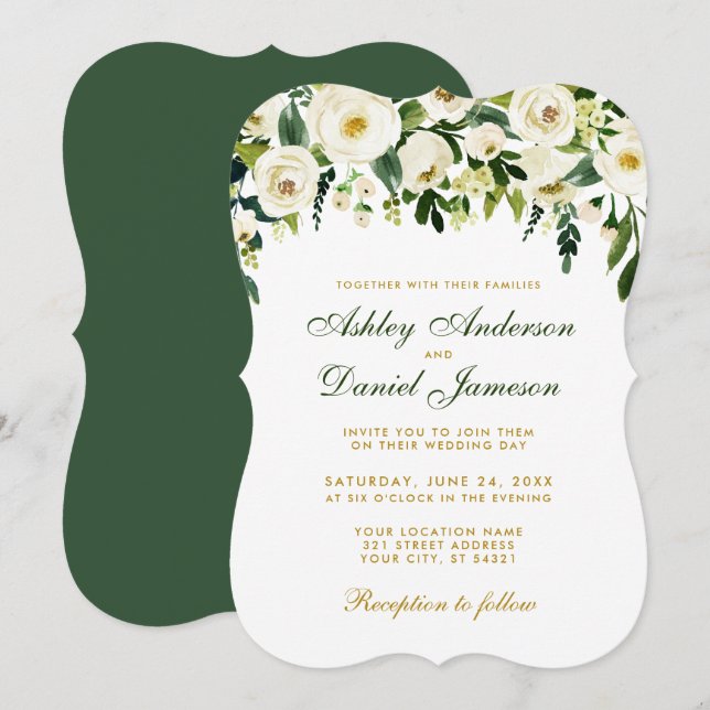 Aquarelle Floral Vert or Faire-part de mariage GB (Devant / Derrière)